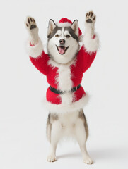 a photorealistic husky dog wearing complete Santa outfit with red suit and hat, standing on hind legs with paws up, cheerful expression, isolated white background, studio lighting, commercial