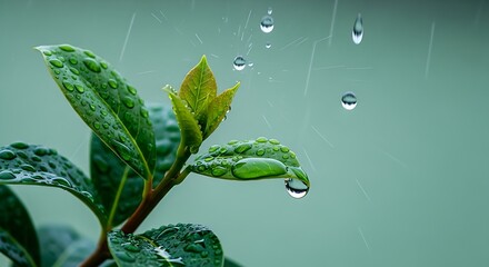 Raindrops on vibrant green leaves create a refreshing and natural scene