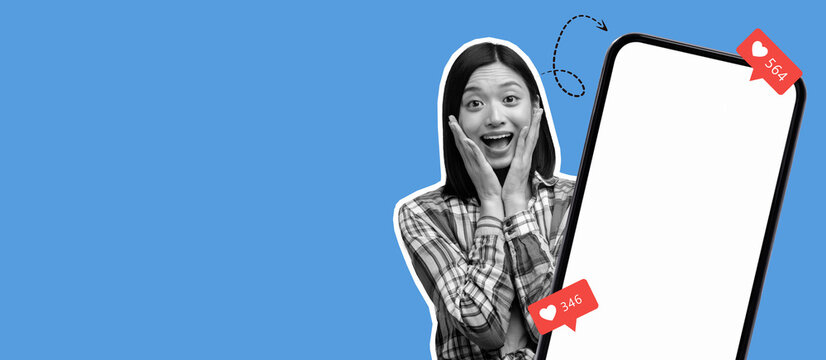 This collage features a young woman expressing surprise and joy while interacting with a smartphone displaying numerous notifications. The bright blue background adds energy to the scene.