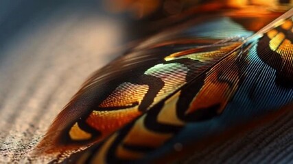 Intricate plumage of a vibrant feather showcasing nature s artistry in golds and blues under soft - Powered by Adobe