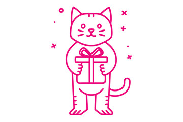 Outlined pink cat standing and holding gift box with stars around him