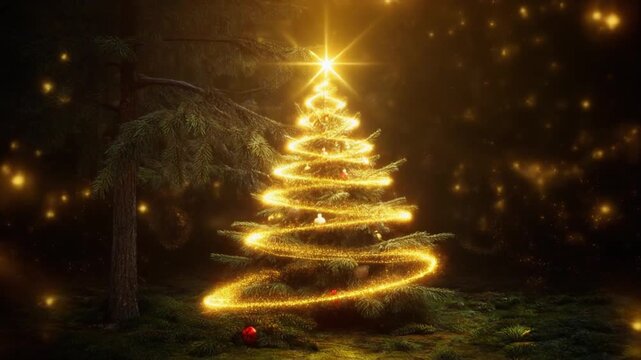 Merry Christmas and Happy New Year holiday season celebration with a green pine fir tree, bright lights, a star, and snow vector illustration
