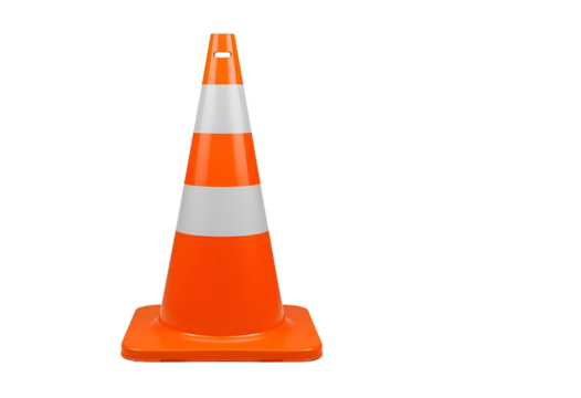 Bright orange and white striped plastic traffic cone for front-view safety. - Powered by Adobe