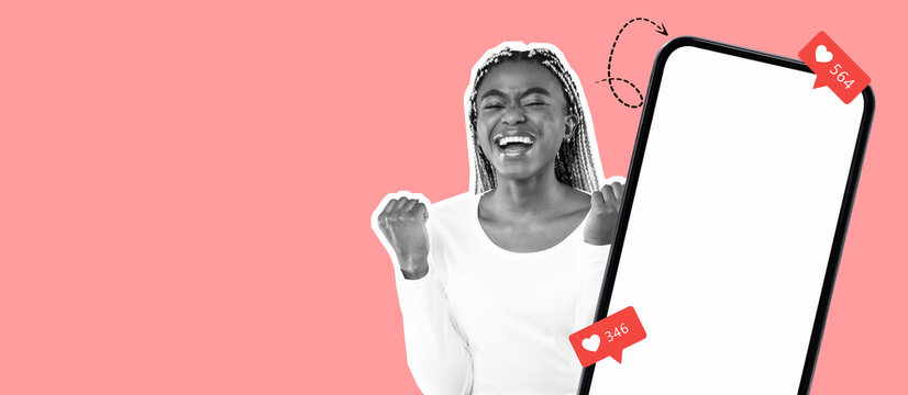 A woman with braided hair joyfully expresses her excitement over social media updates. The background is bright pink, highlighting a phone with notification icons.