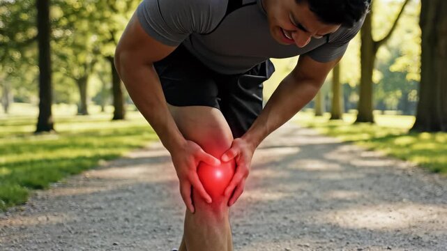 Man in pain clutching his knee with a red spot indicating injury, set in a park path, concept for sports medicine, personal health and injury treatment