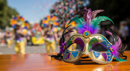 Colorful carnival mask with feathers on wooden table at parade  