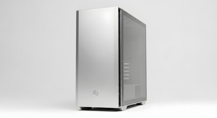 A silver computer tower case with a power button on a white background in a studio setting