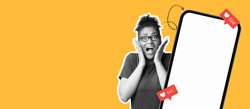 A collage shows a woman expressing joy as she looks at a blank phone. Colorful social media notifications pop out, highlighting the thrill of gaining followers in a fun and lively setting.