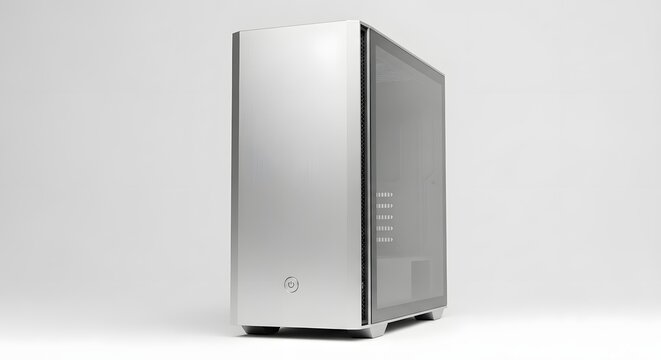 A silver computer tower case with a power button on a white background in a studio setting