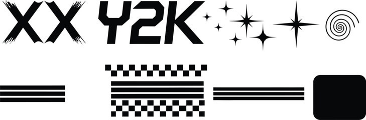 Retro y2k graphic design elements with stars checkerboard and abstract shapes