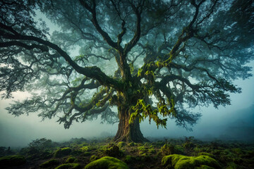 Fototapeta premium Majestic Ancient Moss-Covered Tree in Enchanted Misty Forest with Sprawling Branches and Ethereal Atmosphere