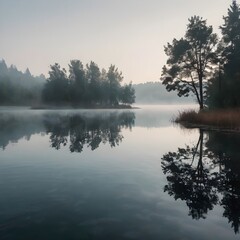 Fototapeta premium Generated AI, Calm lake with mirror reflection, foggy morning, soft cinematic light, minimalist landscape