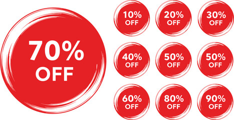 Sale badge set, 70 percent off discount sticker, red promotion icon collection, retail price tag, vector brush circle, isolated graphic element.