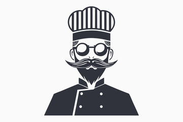 Spectacled chef with a mustache and beard is shown wearing traditional uniform here