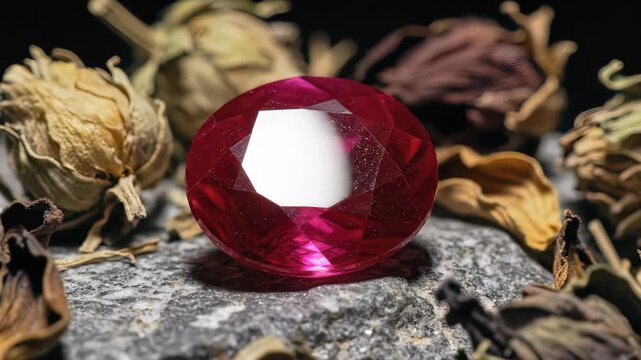 Close-up on a faceted ruby gem resting on a gray stone, surrounded by dried flowers, showcasing its brilliance, concept for jewelry design, gemstone collection and mineralogy studies