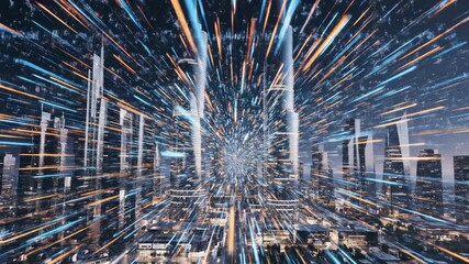 Futuristic cityscape with blue and orange light streaks conveys technological advancement and innovation, concept for smart city infrastructure, data visualization and digital communication network - Powered by Adobe