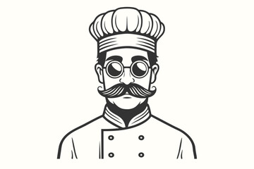 Monochrome chef with glasses and mustache in a chef uniform looks forward confidently