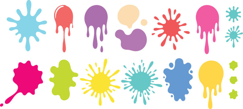 Collection of colorful paint splatters and drips in various shapes and sizes