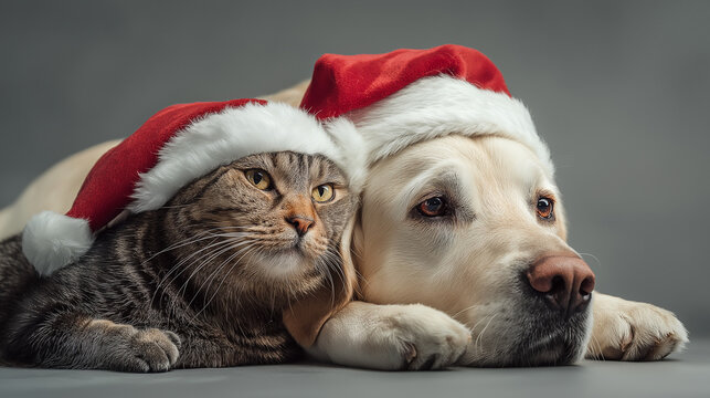 a photorealistic labrador and maine coon cat in Santa hats, dog with paw gently on cat's back, best friends pose, isolated light gray background, shot from slightly above, emotional storytelling - Powered by Adobe