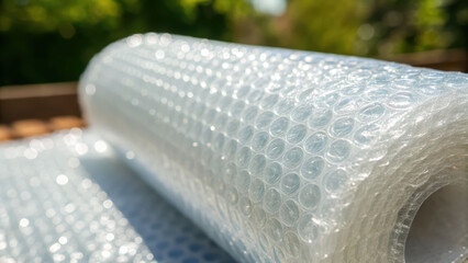 roll bubble wrap sheet closeup texture plastic clear packaging material protective outdoor sunlight