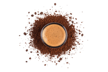 Overhead shot of an espresso cup surrounded by coffee grounds isolated on transparent background the rich brown hues of the coffee create a visually appealing contrast