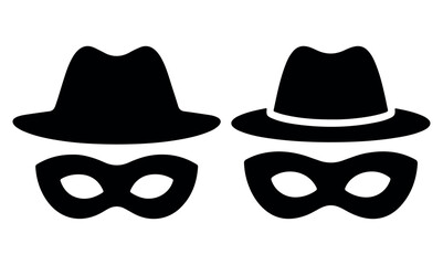 Black vector icons showing two styles of fedora hats paired with a domino eye mask. Represents concepts of a thief, robber, spy, anonymity, crime, identity, or villain character in a graphic design 