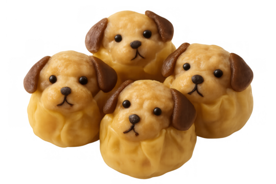 Delicious dog shaped sweet buns for children's parties and playful dessert concepts, transparent background
