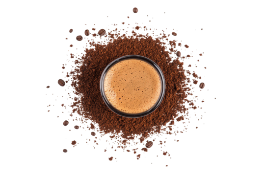 Overhead shot of an espresso cup surrounded by coffee grounds isolated on transparent background the rich brown hues of the coffee create a visually appealing contrast