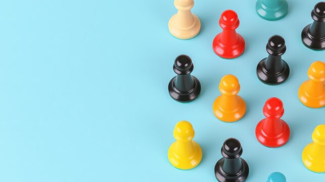 Colorful game pieces on a blue background, arranged in a playful manner, suggesting a fun and strategic gaming atmosphere.