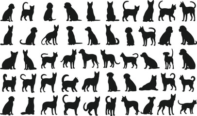 Cat, dog, silhouette, pet, animal, vector, black, illustration, sitting, standing, playful, domestic, feline, canine, icon, design, shape, outline, pattern, isolated