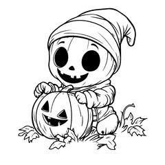 Cute Funny Halloween Vector Illustration coloring pages with pumpkins, ghosts, and bats for kids