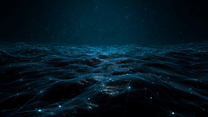 Abstract Network of Glowing Blue Lines and Dots on a Dark Background, Digital Information Flow