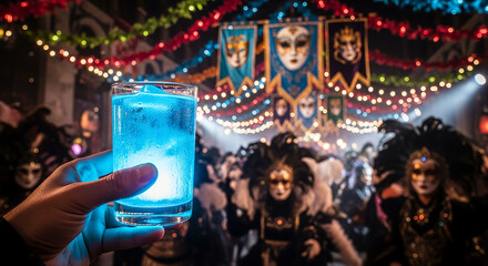 Obraz premium Hand holding glowing blue drink at vibrant carnival celebration 