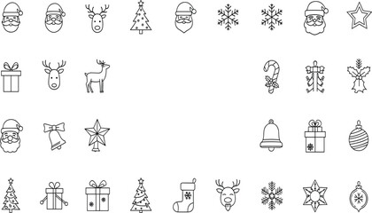 Christmas icons collection with Santa Claus, reindeer, snowflakes, bells, stars, candy canes, ornaments, holly, festive presents, holiday celebration vector