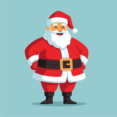 A cheerful cartoon illustration of Santa Claus standing with his hands on his hips against a light blue background.