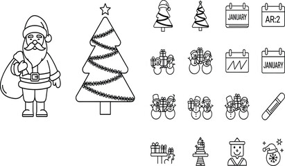 Christmas Santa Claus with decorated tree, festive snowmen, holiday gifts, party celebration icons, January calendar, winter season illustration vector