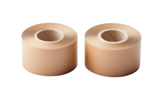 Two rolls of tan kraft paper tape isolated on transparent background, perfect for packaging, shipping, and crafting projects, ensuring secure and reliable adhesion