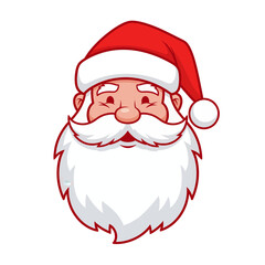 Cartoon illustration of Santa Claus's face, with a red hat and white beard, smiling.