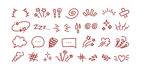 Obraz premium Expression sign. Comic doodle elements, cartoon speech bubble, manga expression symbols, question and exclamation mark, star sparkle, swirl and explosion. Vector anime set