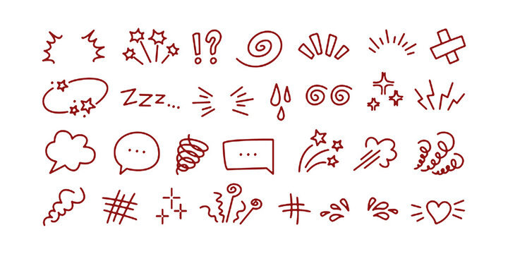 Expression sign. Comic doodle elements, cartoon speech bubble, manga expression symbols, question and exclamation mark, star sparkle, swirl and explosion. Vector anime set
