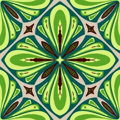 seamless pattern with green leaves,green,brown curves ,painted create to flowershape, leaves, brown background in geometric patterns as sarong,fabric,tile,printed fabric,batik,tablecloth patterns.