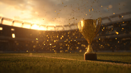 Golden trophy on stadium field during sunset celebration