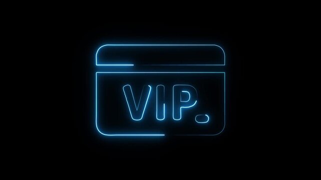 Glowing blue neon V I P card icon animation on black background exclusive access membership premium status special