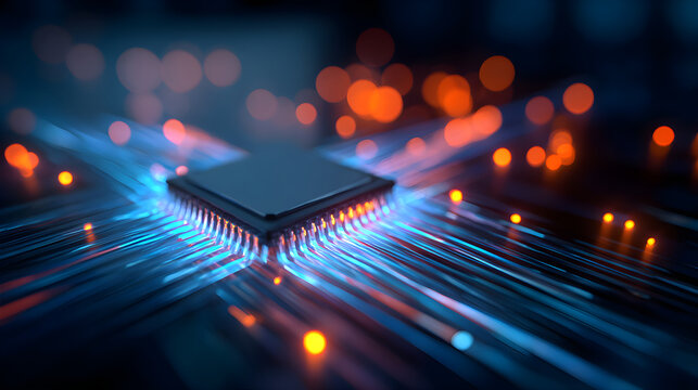 Computer chip processing data in futuristic digital network