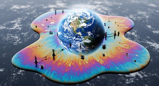 A miniature Earth globe surrounded by colorful oil spill on water surface with tiny figures exploring the environment and pollution impact - Powered by Adobe
