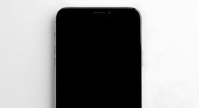 A close up shot of a black smartphone with a black screen on a white background showing the top portion
