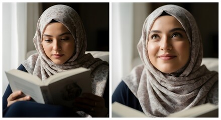 A young woman wearing a hijab is reading a book indoors with a calm and focused expression on her face