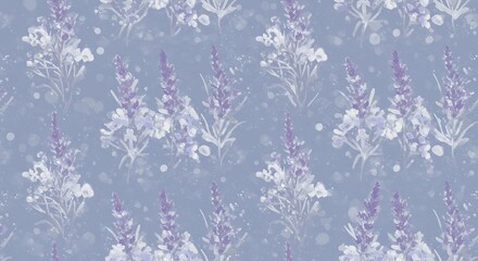 Floral watercolor-style pattern of lavender and small white blooms on a muted periwinkle background