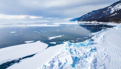 Aerial view of a vast, frozen expanse meeting a snow-covered shoreline, mountains, and a cloudy sky
