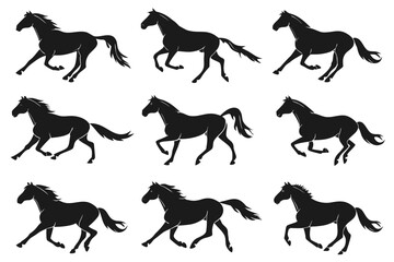 Horse running silhouette pack isolated on white background